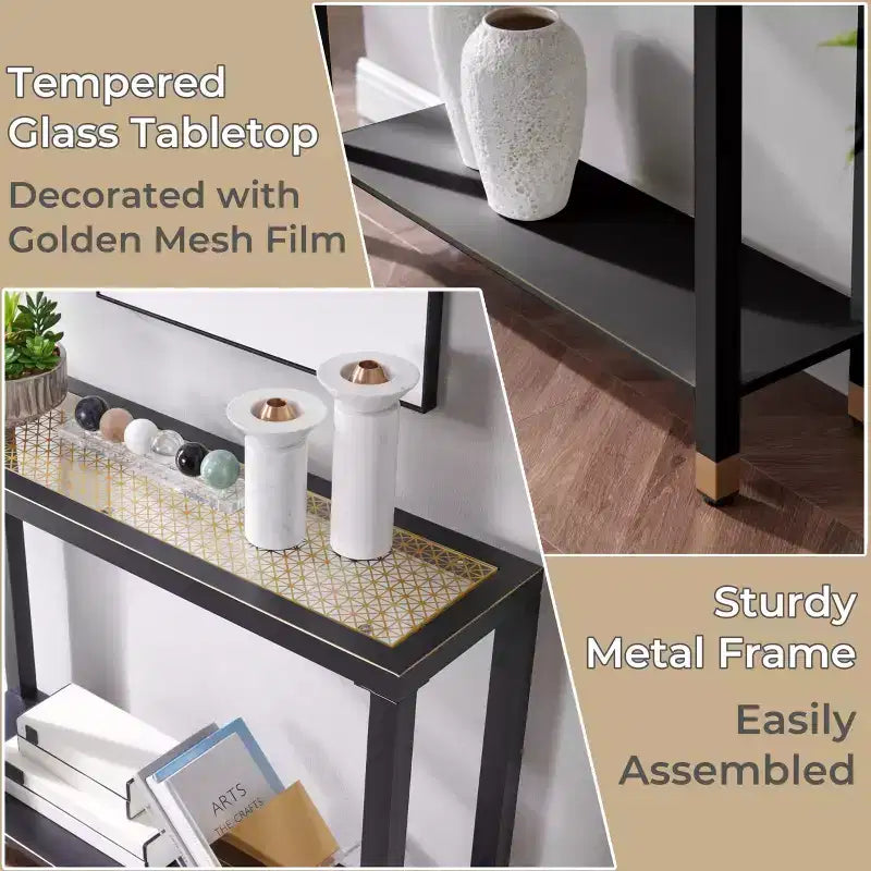 Tempered Glass Metal Frame 2-Tier Console Table 40.94"W x 12.17"D x 32"H