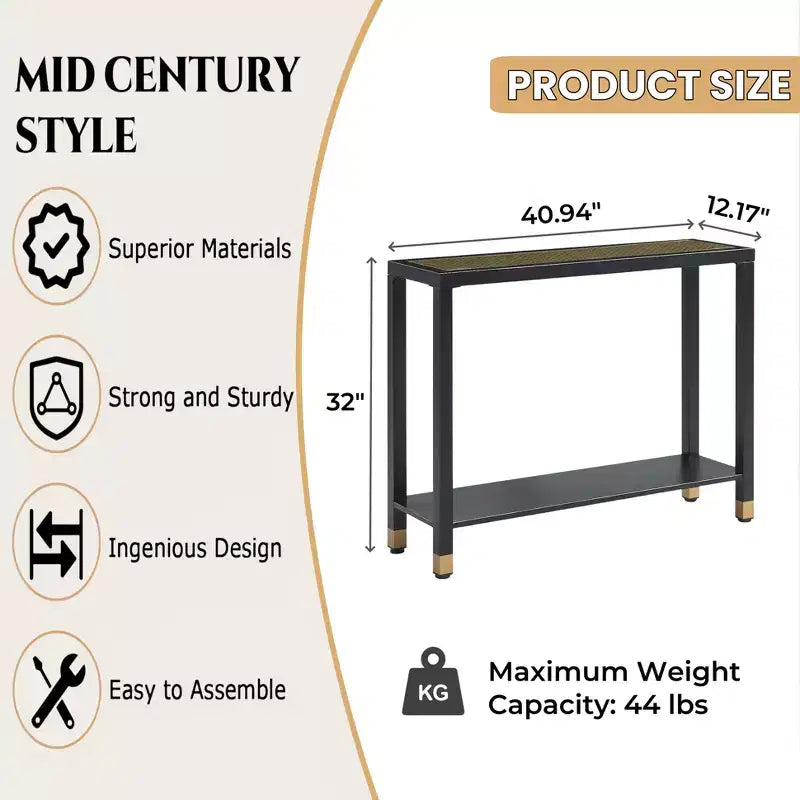 Tempered Glass Metal Frame 2-Tier Console Table 40.94"W x 12.17"D x 32"H