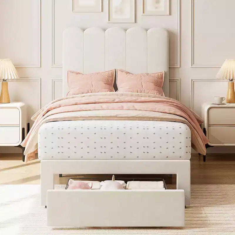 Velvet Upholstered Metal Frame Twin Platform Bed with Storage Drawer
