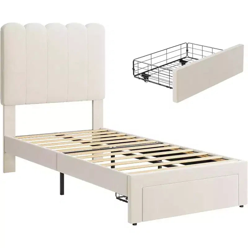 Velvet Upholstered Metal Frame Twin Platform Bed with Storage Drawer