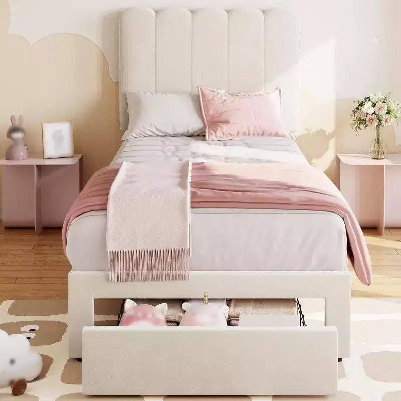 Velvet Upholstered Metal Frame Twin Platform Bed with Storage Drawer