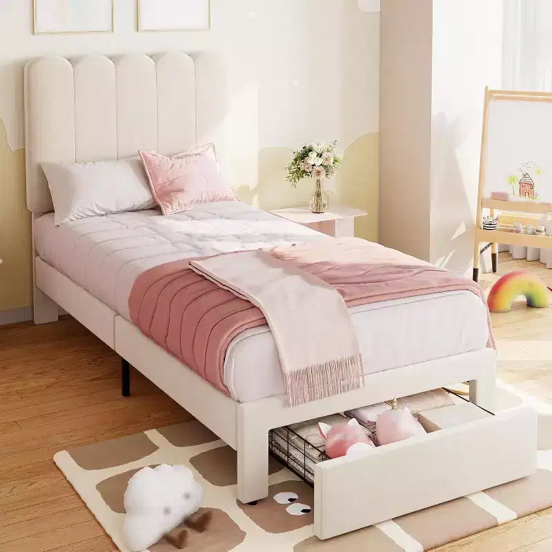 Velvet Upholstered Metal Frame Twin Platform Bed with Storage Drawer