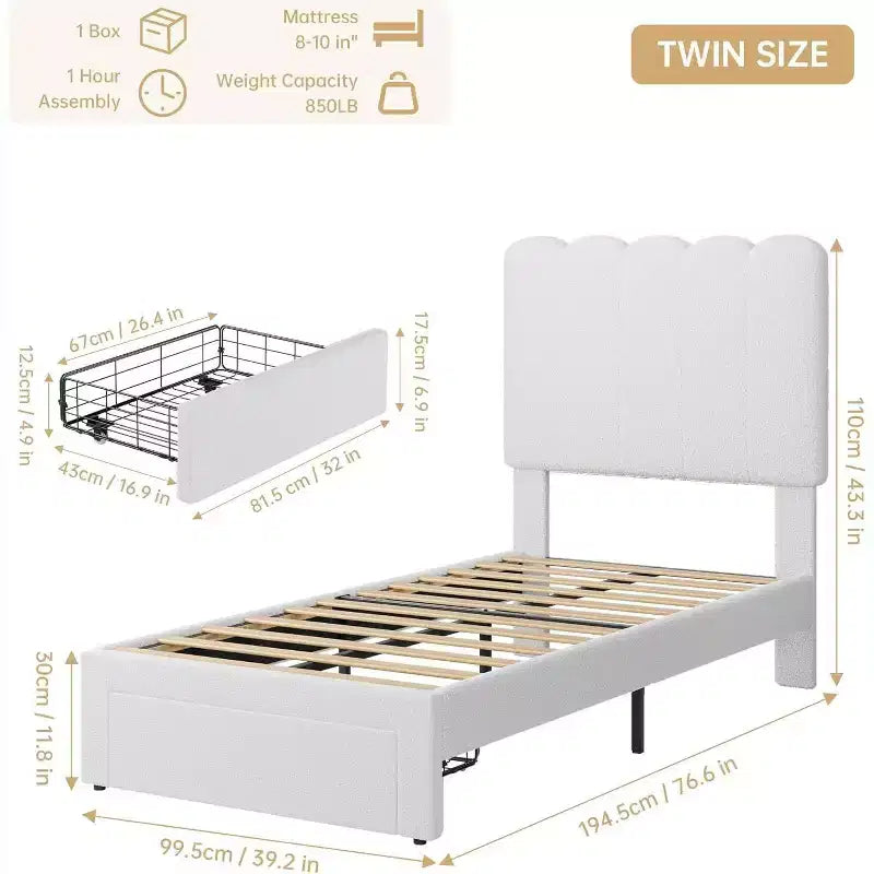 Velvet Upholstered Metal Frame Twin Platform Bed with Storage Drawer