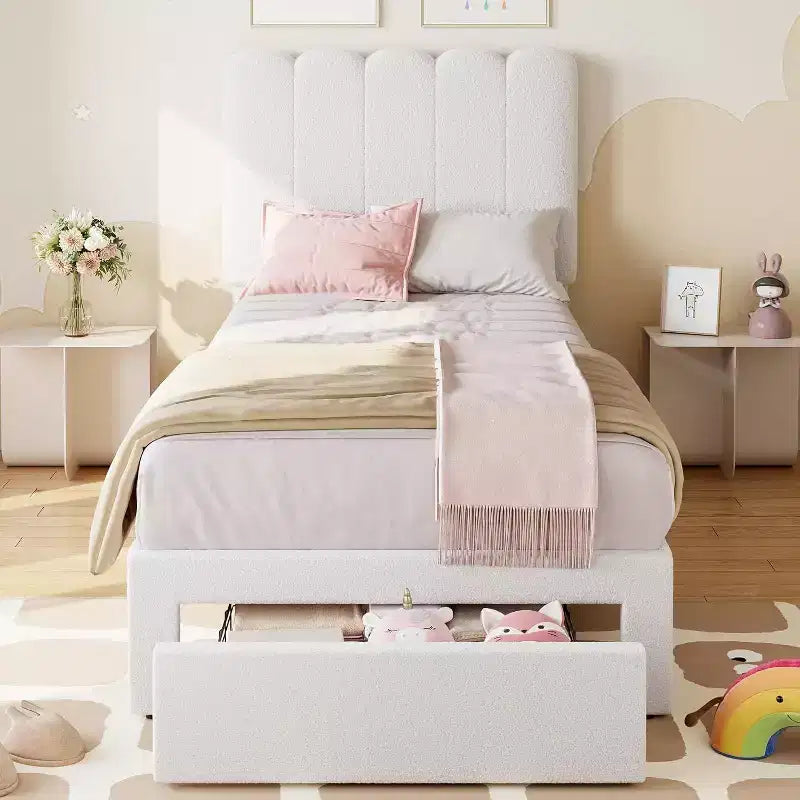 Velvet Upholstered Metal Frame Twin Platform Bed with Storage Drawer