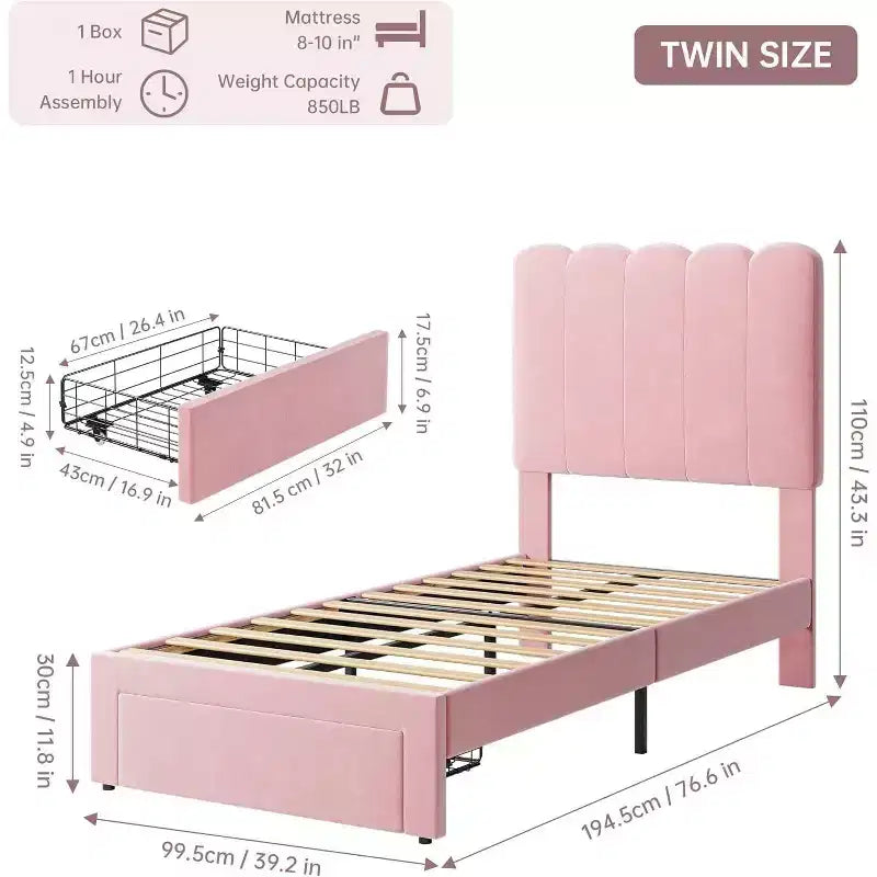 Velvet Upholstered Metal Frame Twin Platform Bed with Storage Drawer