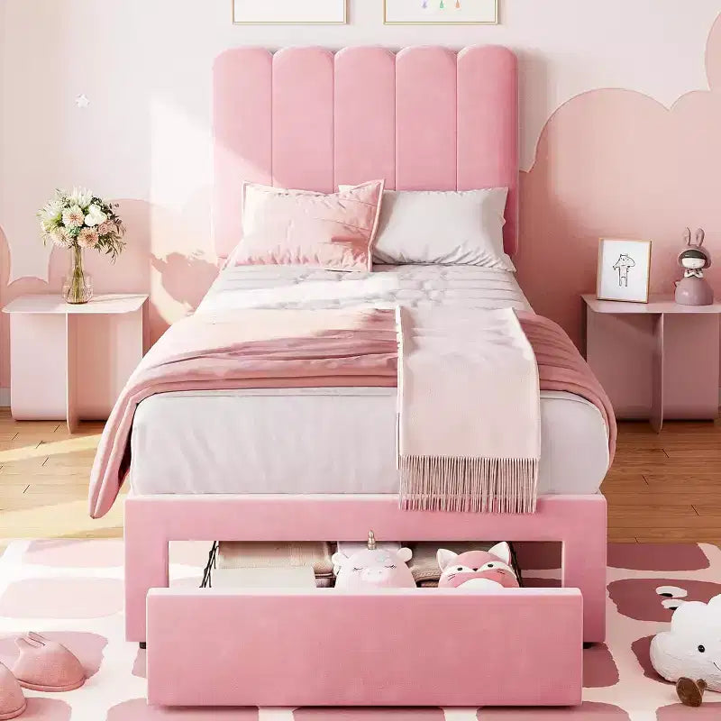 Velvet Upholstered Metal Frame Twin Platform Bed with Storage Drawer
