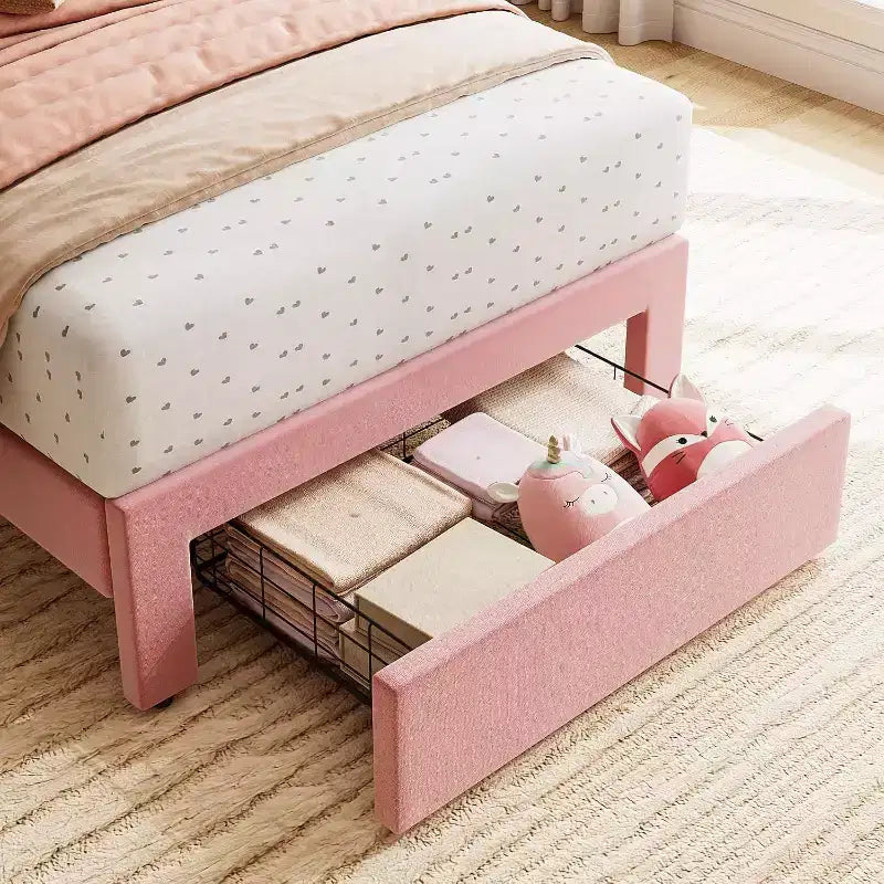 Velvet Upholstered Metal Frame Twin Platform Bed with Storage Drawer