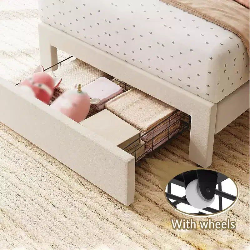 Velvet Upholstered Metal Frame Twin Platform Bed with Storage Drawer