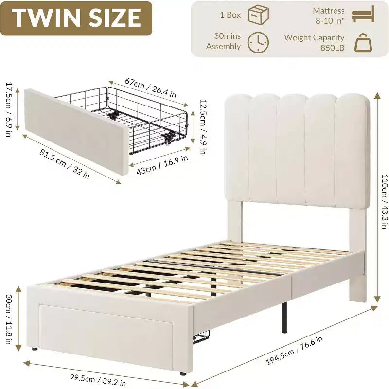Velvet Upholstered Metal Frame Twin Platform Bed with Storage Drawer