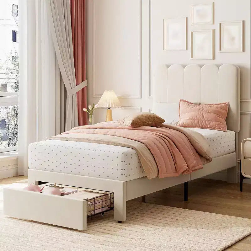 Velvet Upholstered Metal Frame Twin Platform Bed with Storage Drawer