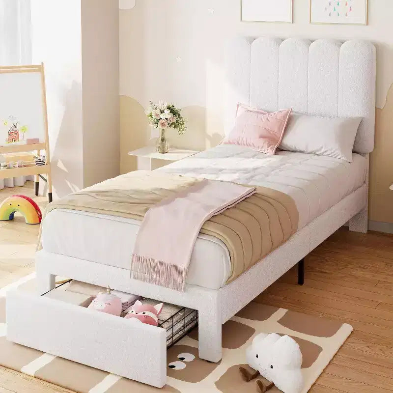 Velvet Upholstered Metal Frame Twin Platform Bed with Storage Drawer