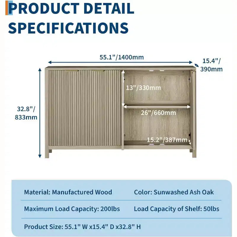 MDF Fluted 4-Door Sideboard Buffet Cabinet 55.1"W x 15.4"D x 32.8"H