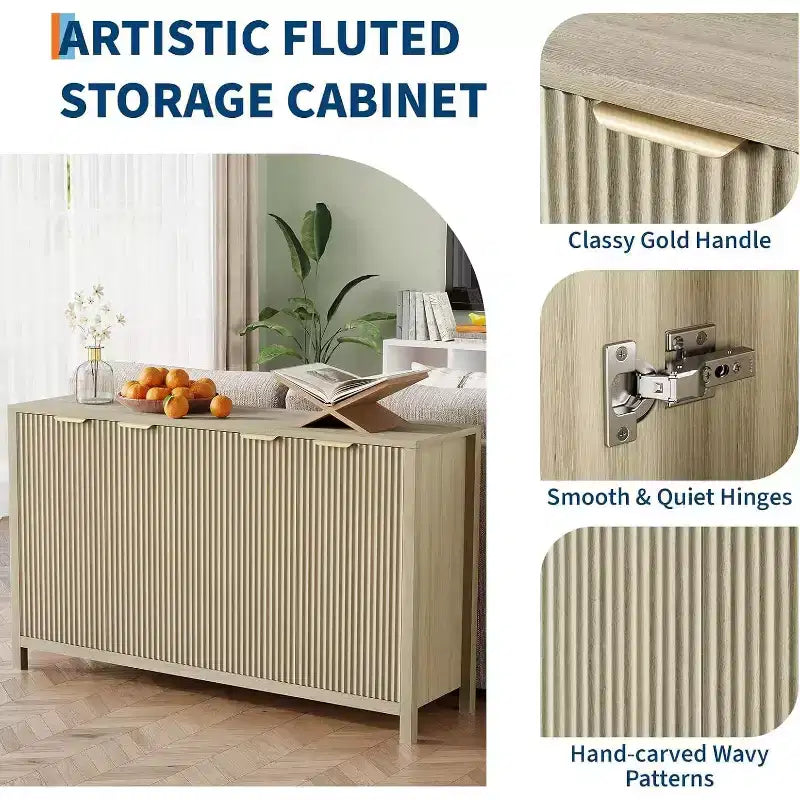 MDF Fluted 4-Door Sideboard Buffet Cabinet 55.1"W x 15.4"D x 32.8"H