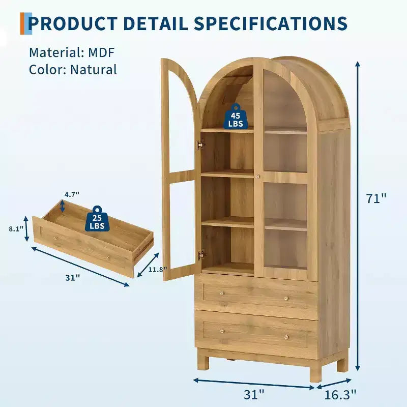 Particle Board Arched Pantry Cabinet with Acrylic Doors 71"H x 31"W x 16.3"D