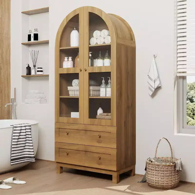 Particle Board Arched Pantry Cabinet with Acrylic Doors 71"H x 31"W x 16.3"D