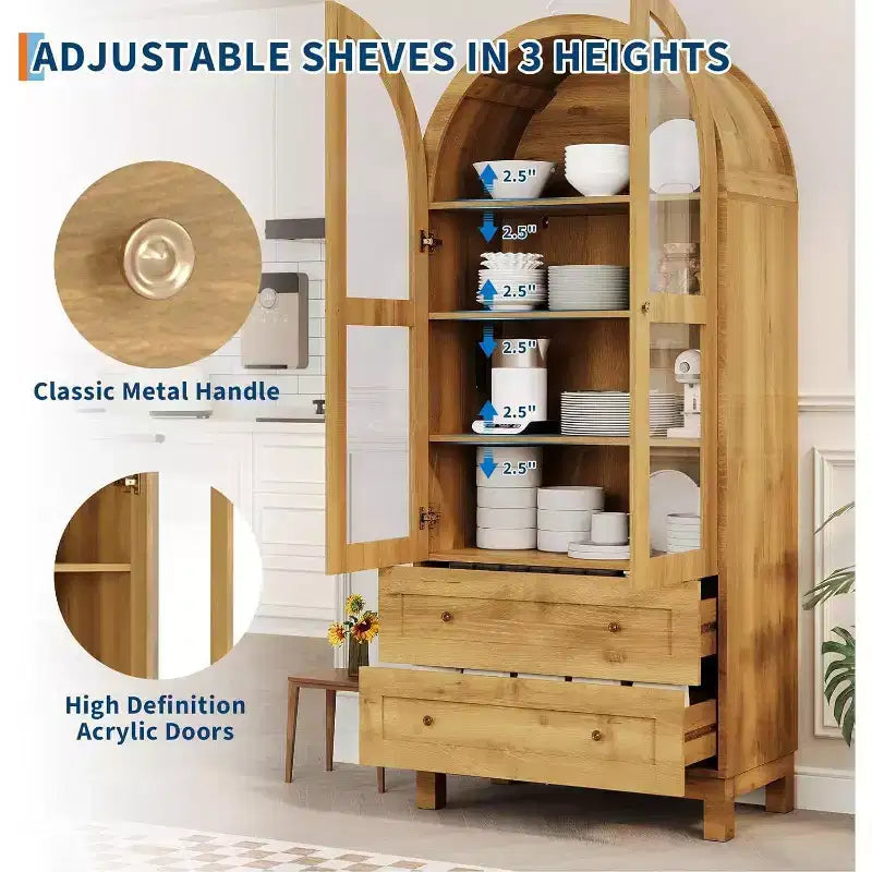 Particle Board Arched Pantry Cabinet with Acrylic Doors 71"H x 31"W x 16.3"D